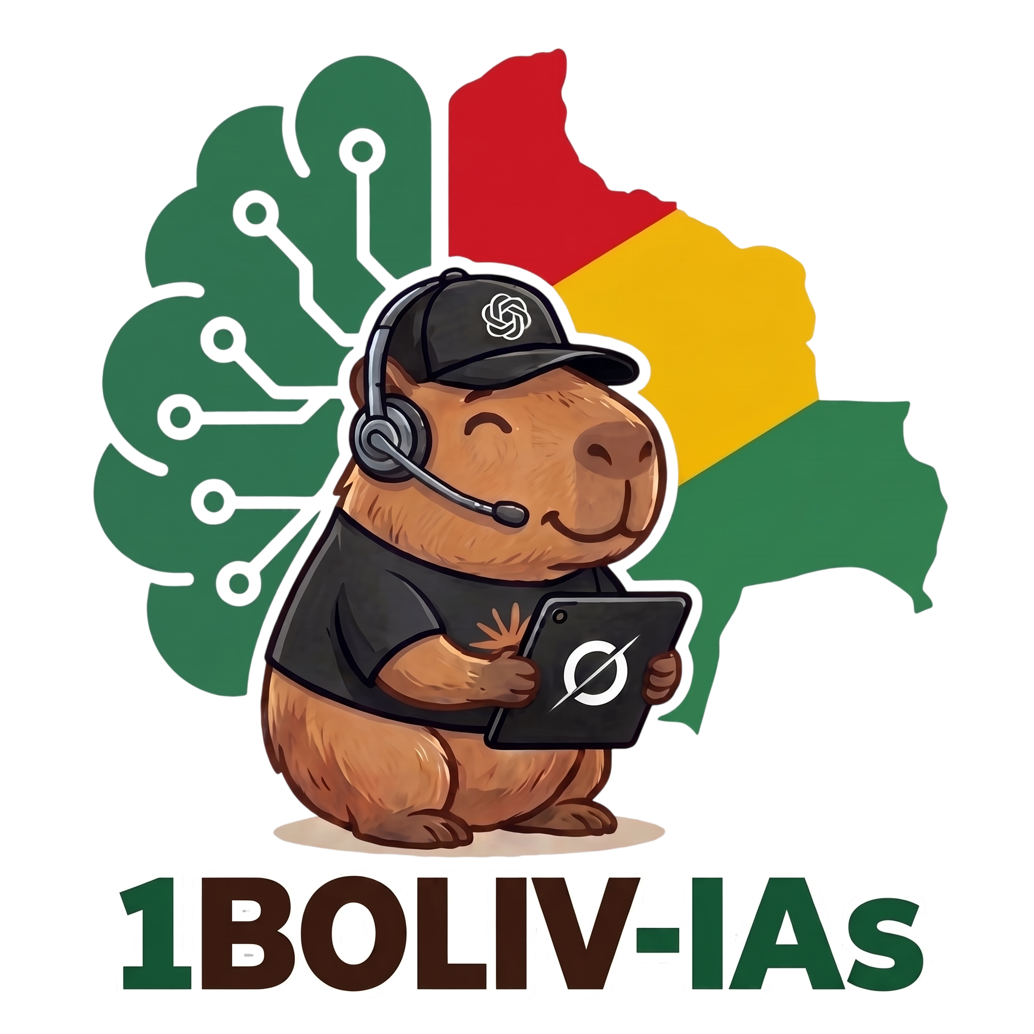 Logo de 1Bolivias: capibara con tablet sobre el mapa de Bolivia